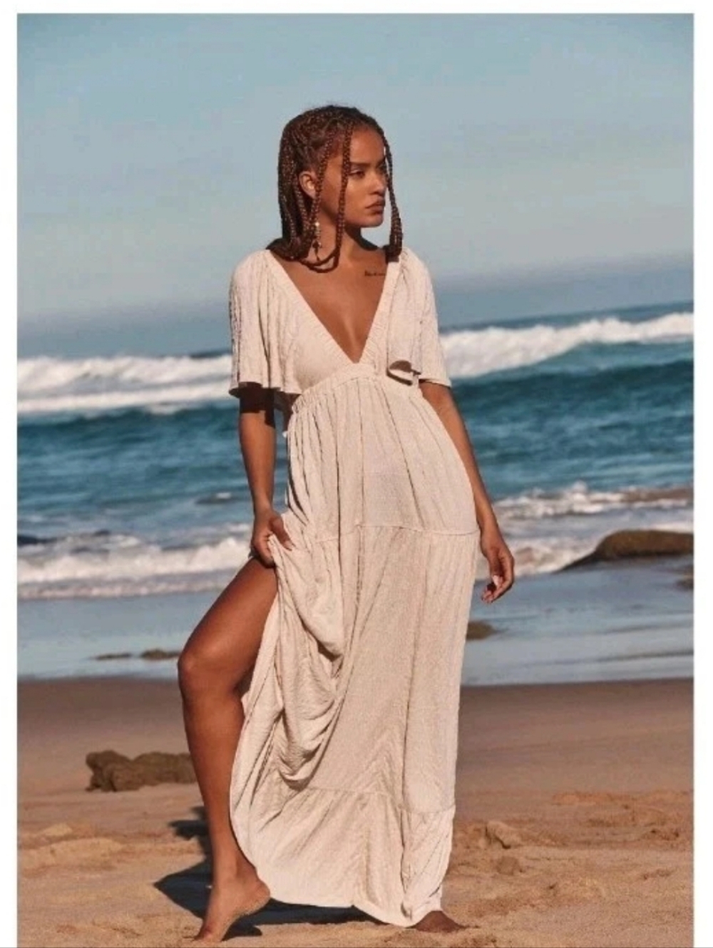 Free People La La Maxi Dress Womens Med Beige Cream Cottage Boho Fairy Whimsy